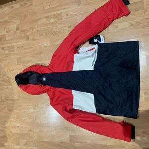 DC Colorblock Hooded Ski Jacket in Red, Black & White